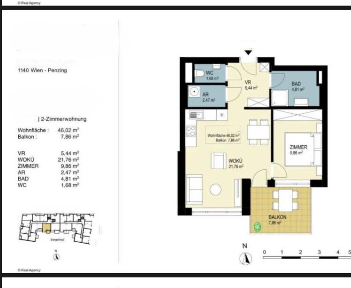 Grundriss einer 2-Zimmer-Wohnung in Wien mit Balkon und separatem WC.