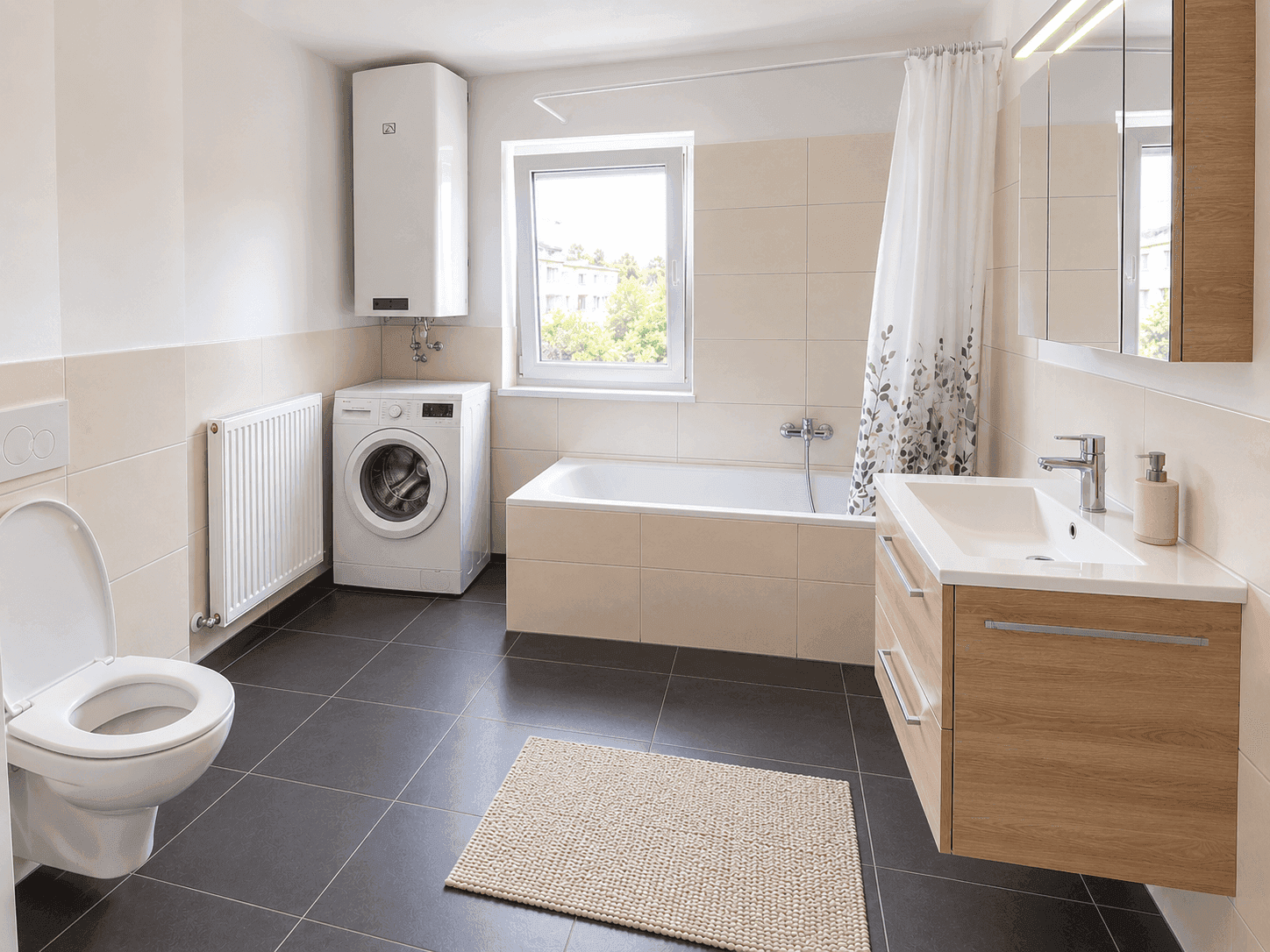 Helles Badezimmer mit Badewanne, WC, Waschbecken und Waschmaschine.