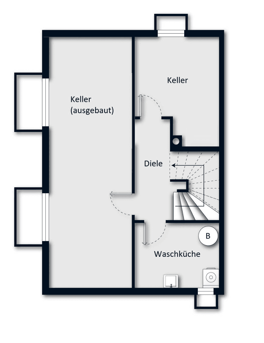 Grundriss des Kellergeschosses mit ausgebautem Bereich, Diele und Waschküche.