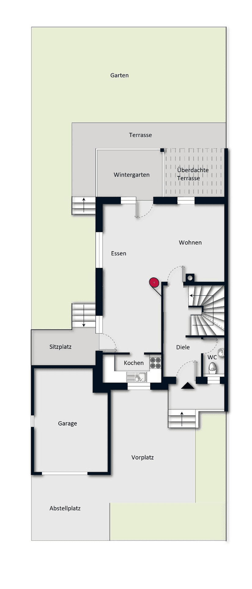 Grundriss des Erdgeschosses mit Wohn- und Essbereich, Küche, Wintergarten und Garage.