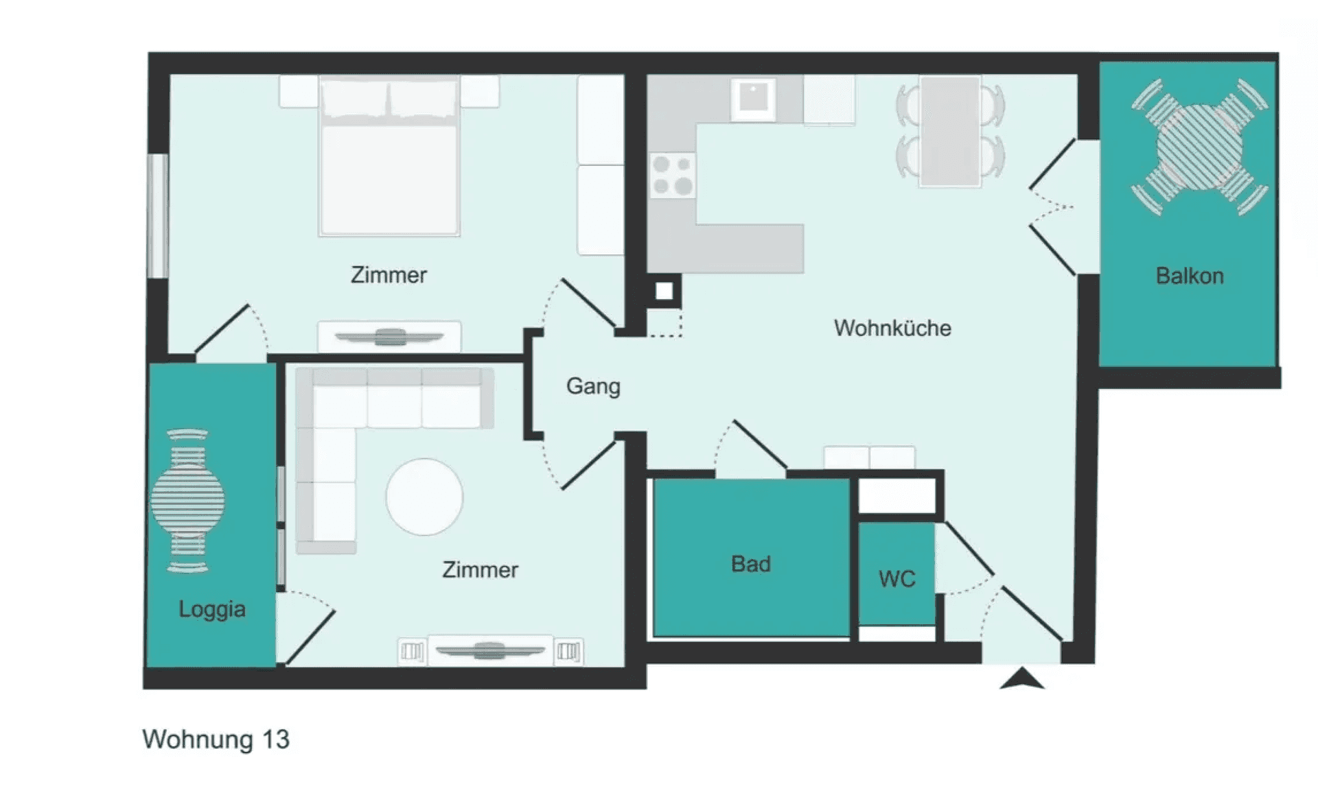 Detaillierter Grundriss der Wohnung 13 mit Balkon und Loggia.