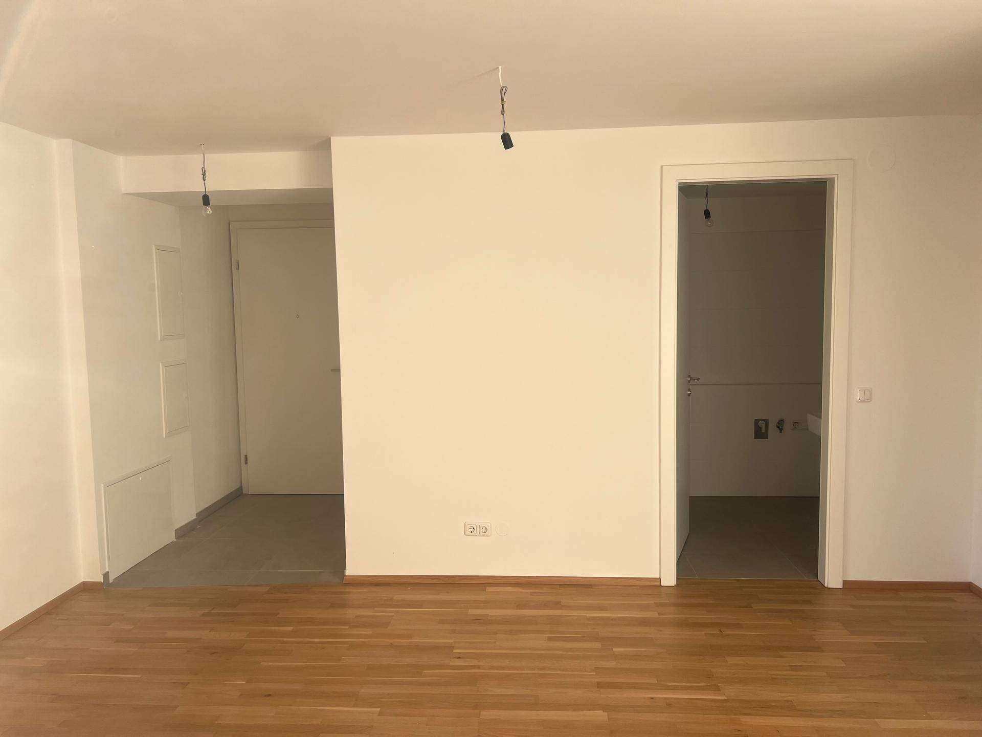 Geräumiger Bereich mit Holzboden und zwei Türen, die zu Nebenräumen führen.
