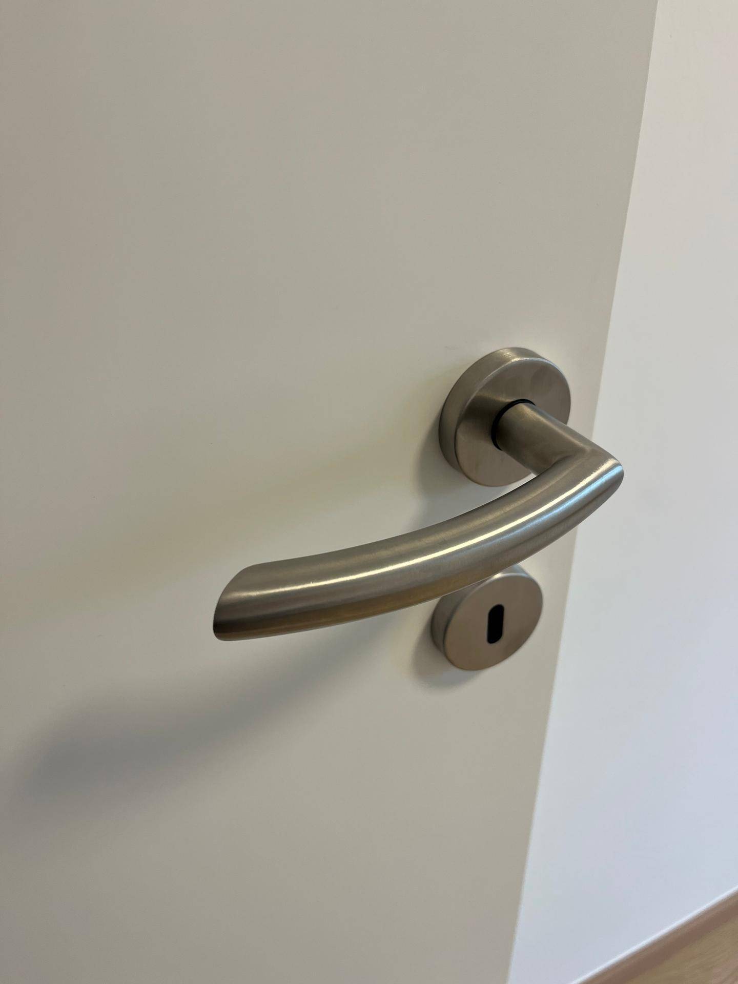 Detailaufnahme einer modernen Tür mit gebürstetem Edelstahlgriff in einem hellen Innenraum.