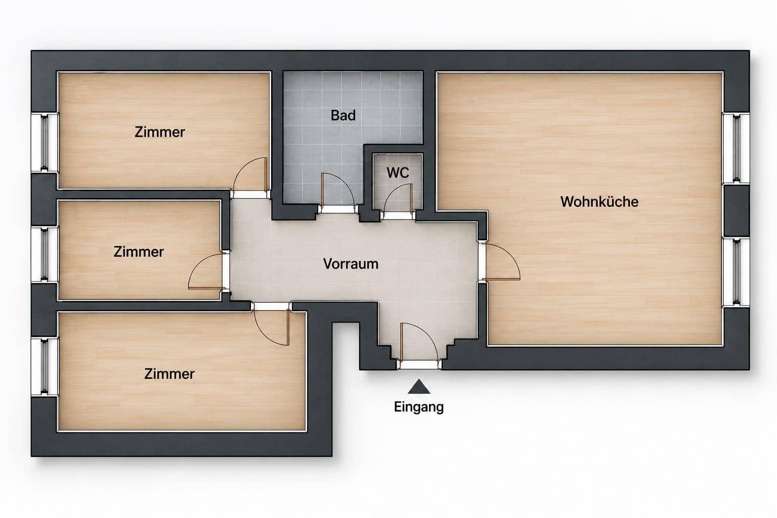 Grundriss einer Wohnung mit drei Zimmern, Bad, WC, Vorraum und offener Wohnküche.