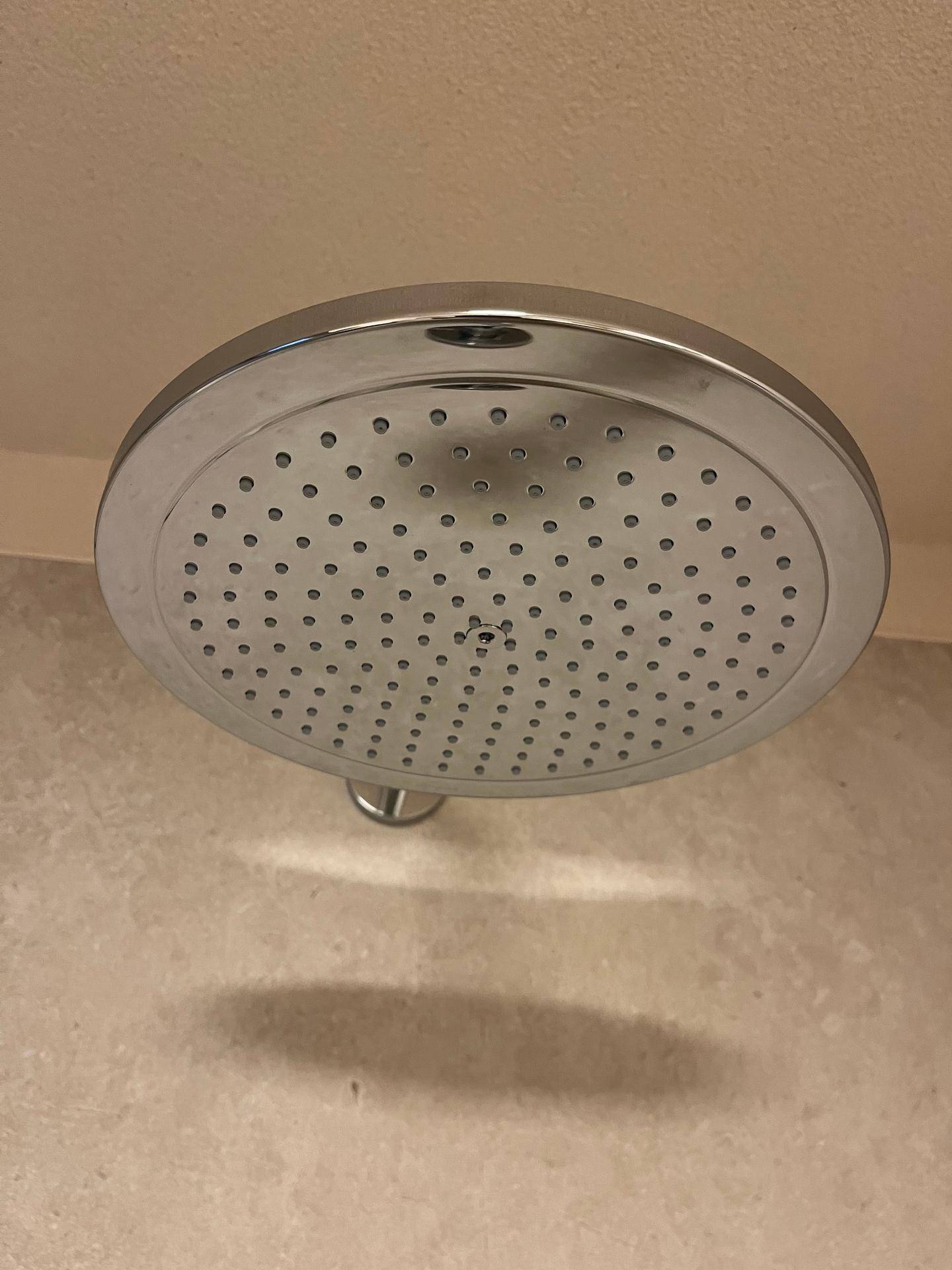 Nahaufnahme eines modernen Regenduschkopfs in einem stilvollen Badezimmer.