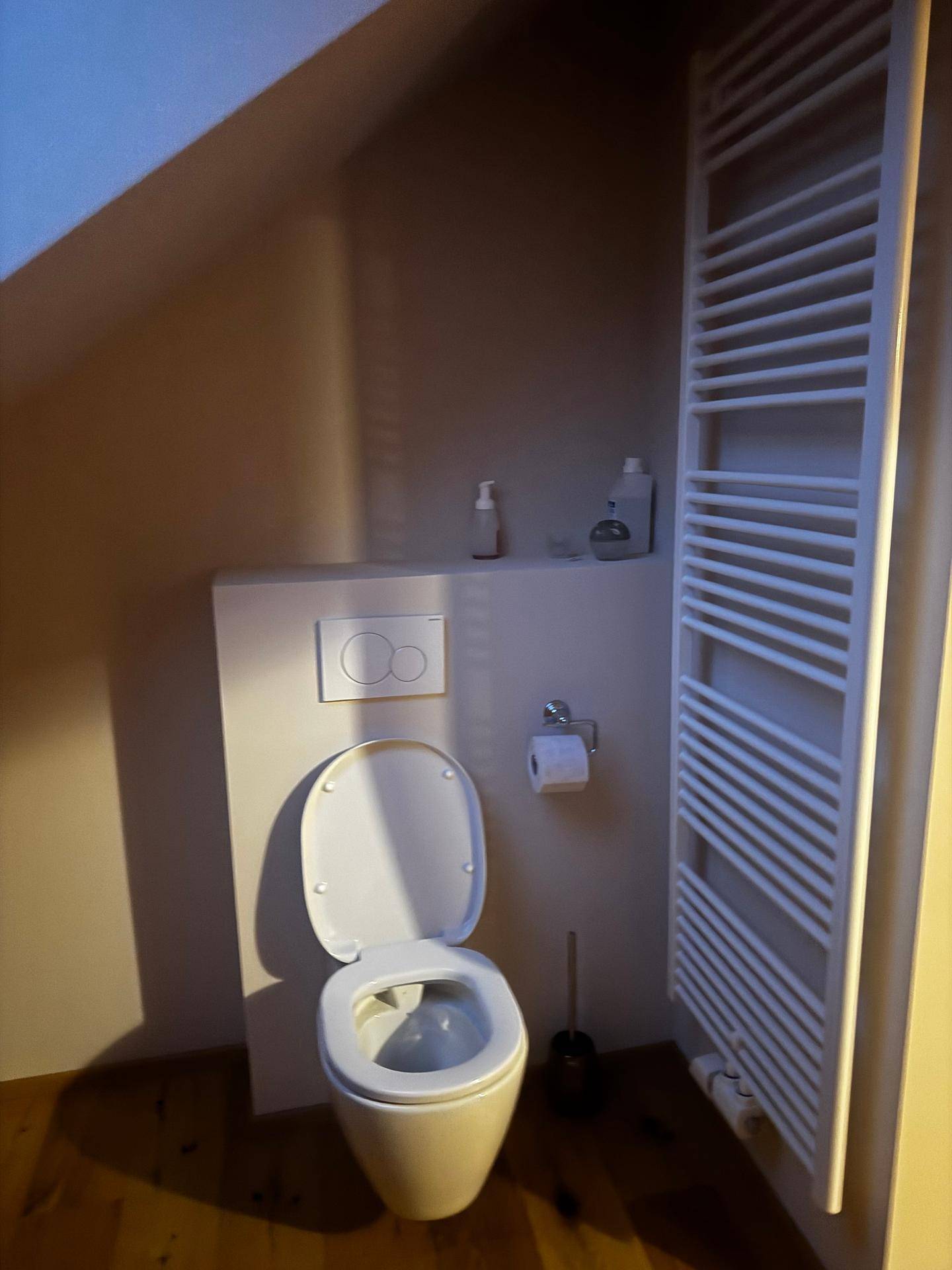 Modernes WC mit wandhängender Toilette und beheiztem Handtuchhalter.