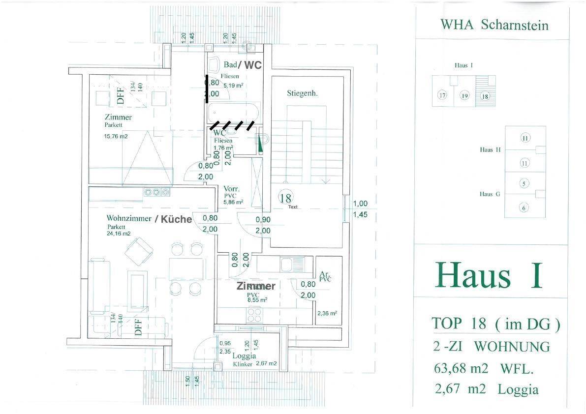 Grundriss der Wohnung TOP 18 im Dachgeschoss mit Loggia und zwei Zimmern.
