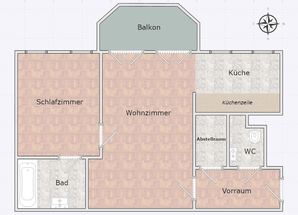 Farbiger Grundriss der Wohnung mit eingezeichneten Bodenbelägen und Raumaufteilung.