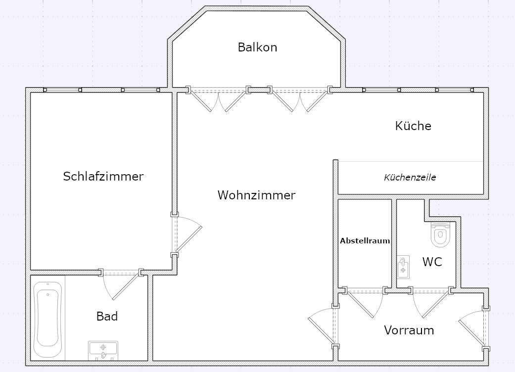 Grundriss der Wohnung mit Schlafzimmer, Wohnzimmer, Küche, Bad, WC und Balkon.