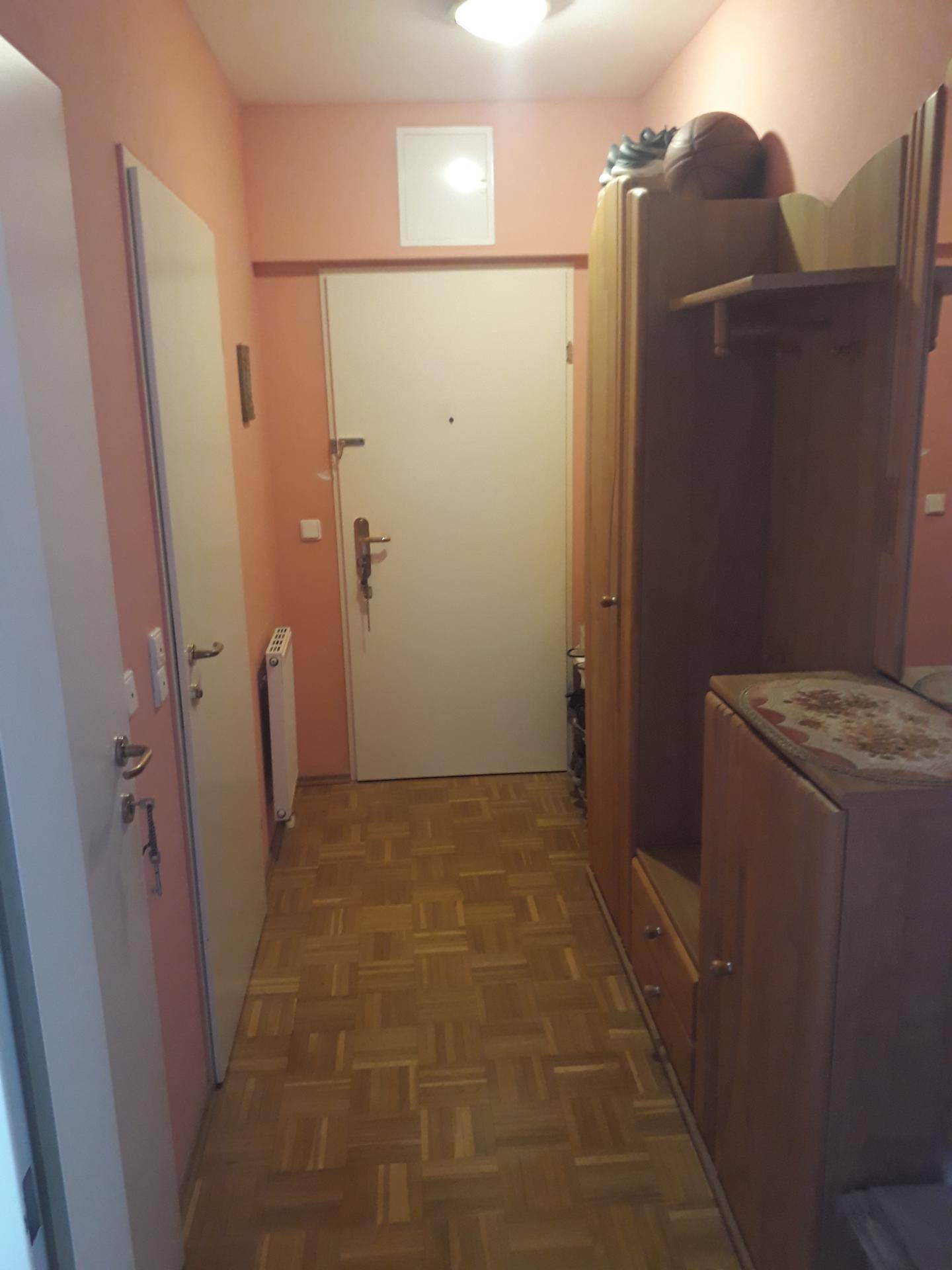 Eingangsbereich mit Parkettboden, Garderobe und der Wohnungseingangstür in hellem Rosa.