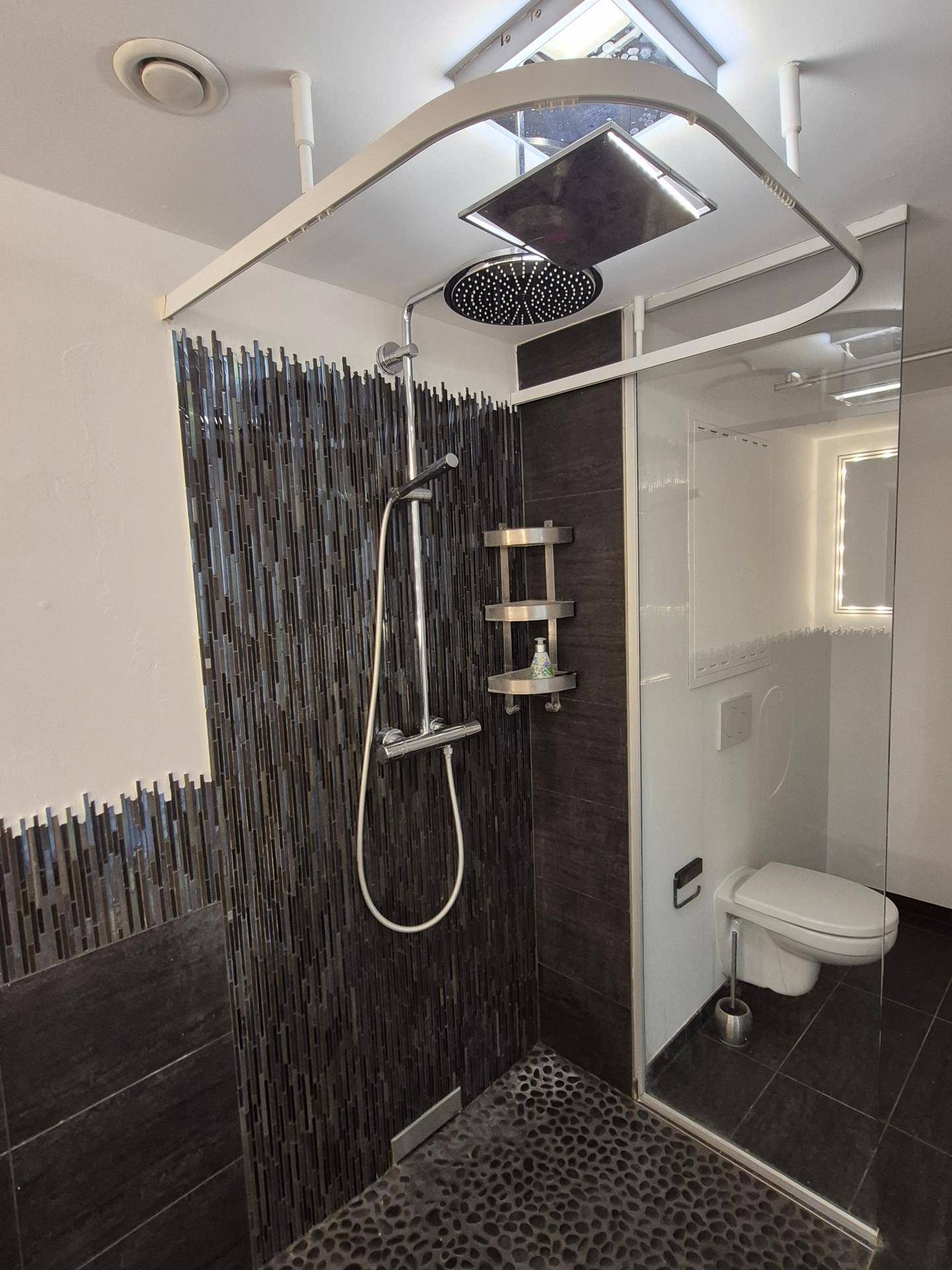 Modernes Badezimmer mit begehbarer Dusche, Regendusche, dunklen Mosaikfliesen und Hänge-WC.
