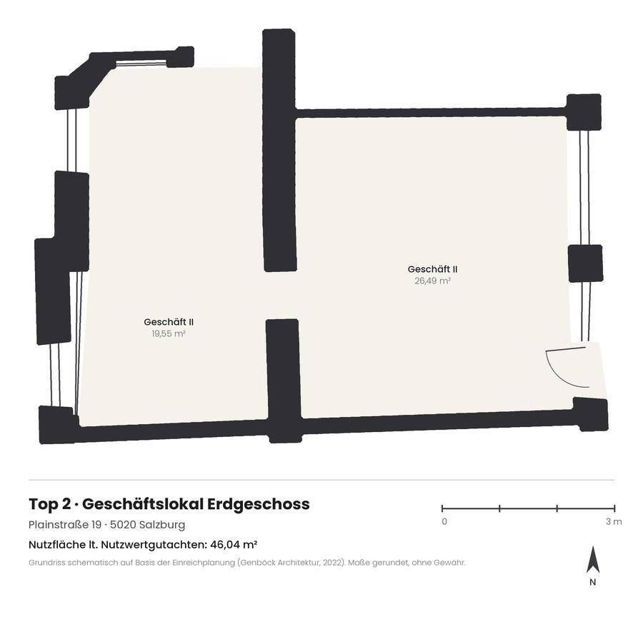 Grundriss des Geschäftslokals im Erdgeschoss mit zwei separaten Bereichen und einer Gesamtfläche von 46,04 m².