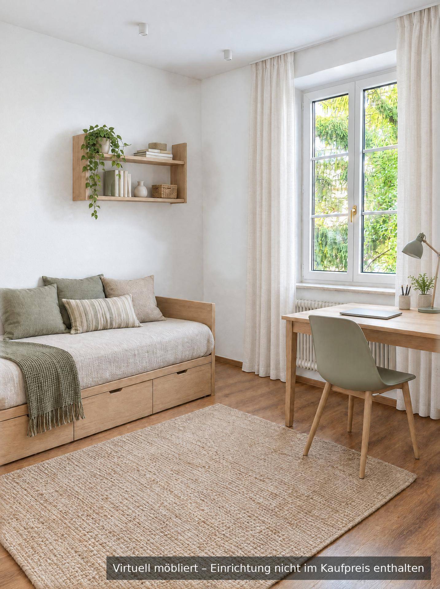 Virtuell eingerichtetes Arbeitszimmer mit Tagesbett, Schreibtisch und Blick ins Grüne.
