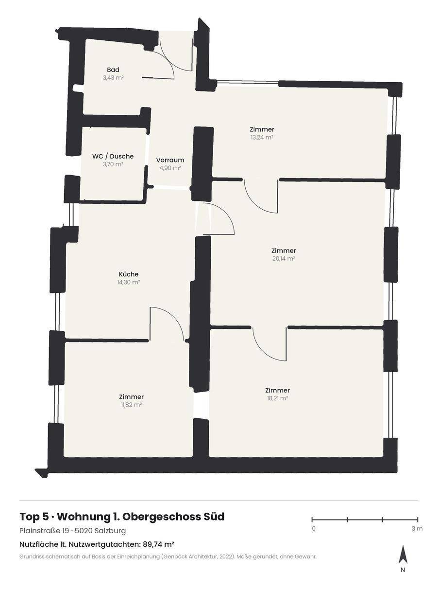 Grundriss der Wohnung im Obergeschoss mit mehreren Zimmern und Bad.