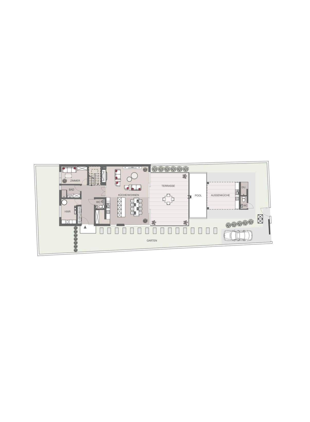 Grundriss des Erdgeschosses mit offenem Wohnbereich, Terrasse, Pool und Garten.