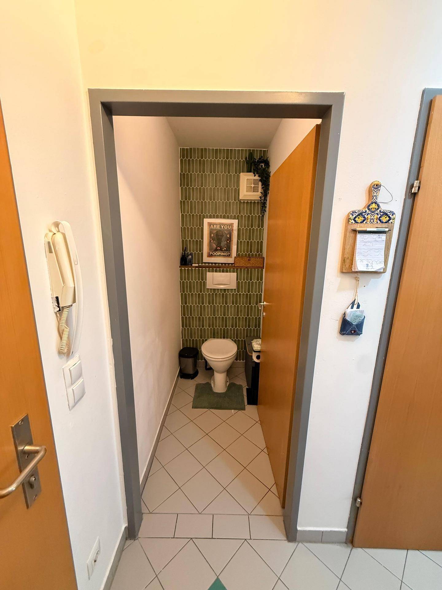 Gäste-WC mit auffälligen grünen Fliesen an einer Wand und einfacher Toilettenausstattung.