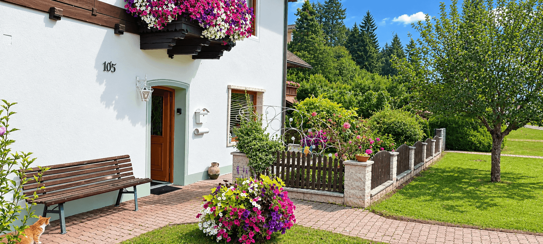 Eingangsbereich eines traditionellen Hauses mit Holztür, Blumen und einem gepflegten Vorgarten.