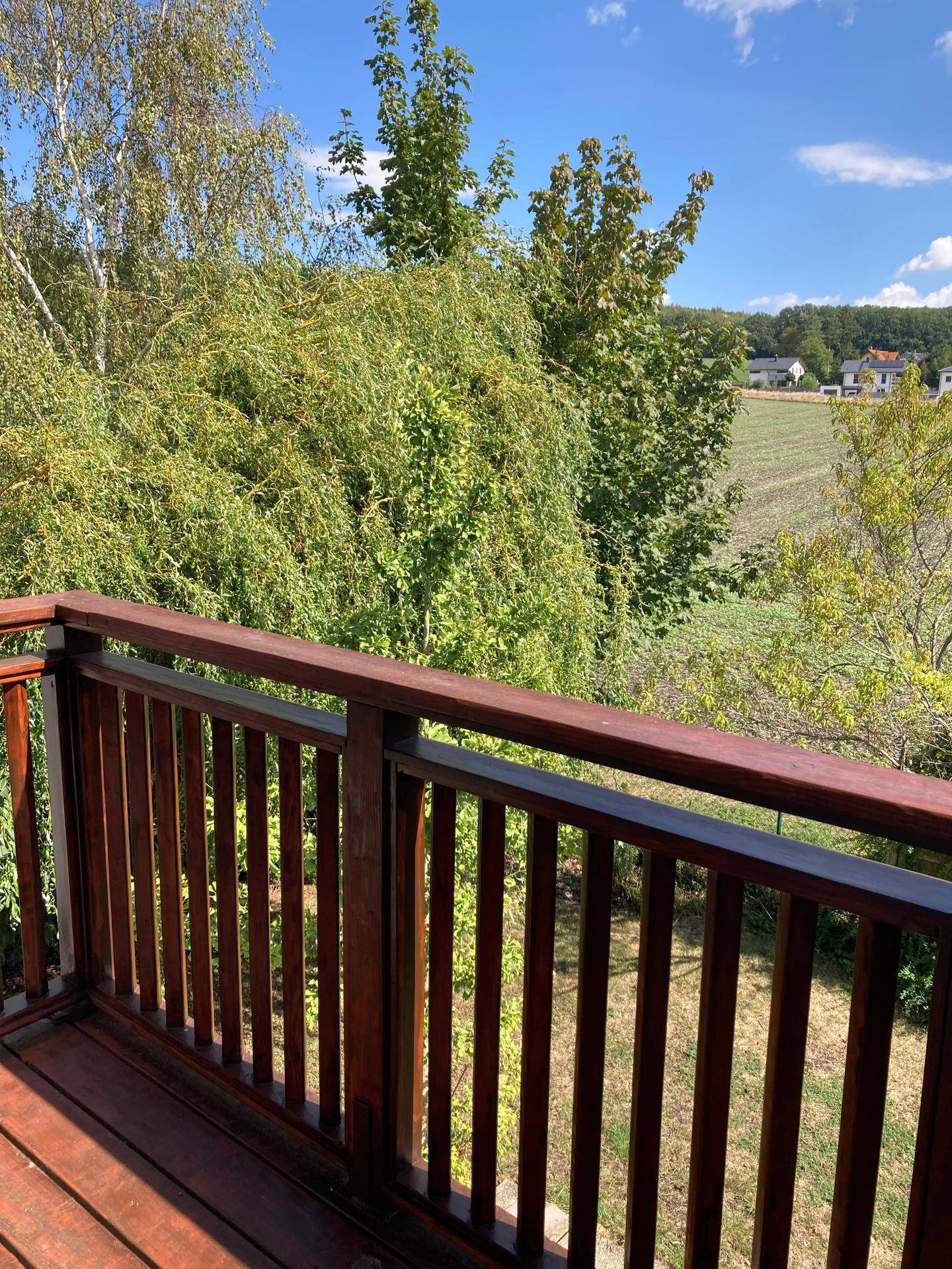 Balkon mit Holzgeländer bietet einen weiten Blick über grüne Bäume und Felder.