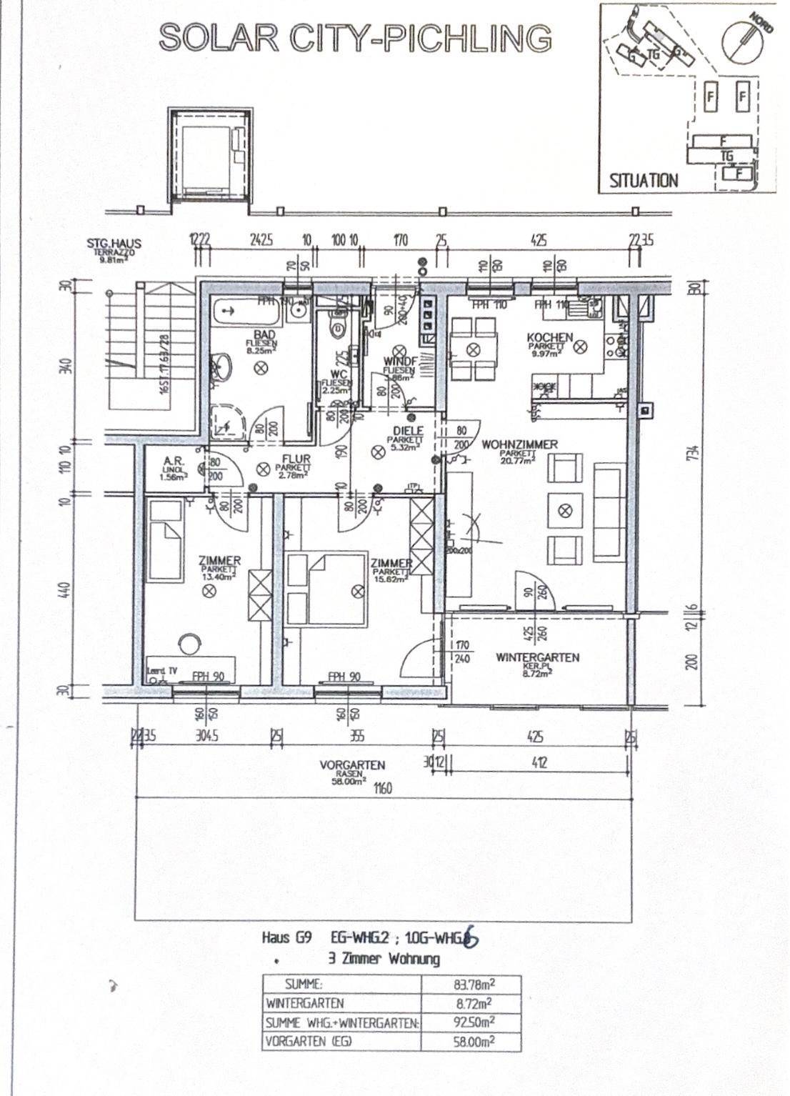 Grundriss einer 3-Zimmer-Wohnung mit Wintergarten, Bad, WC und Vorgarten.
