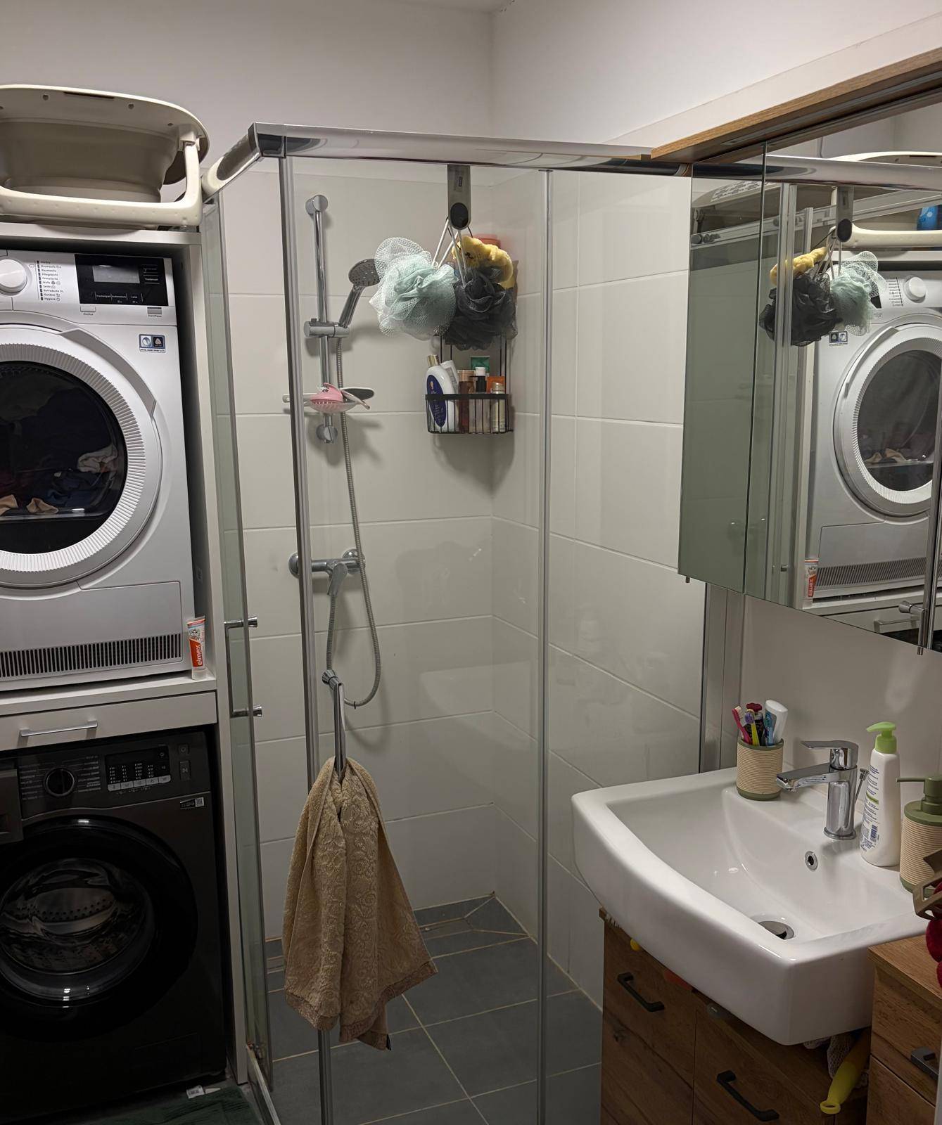 Funktionales Badezimmer mit Duschkabine, Waschbecken, Spiegelschrank, Waschmaschine und Trockner.