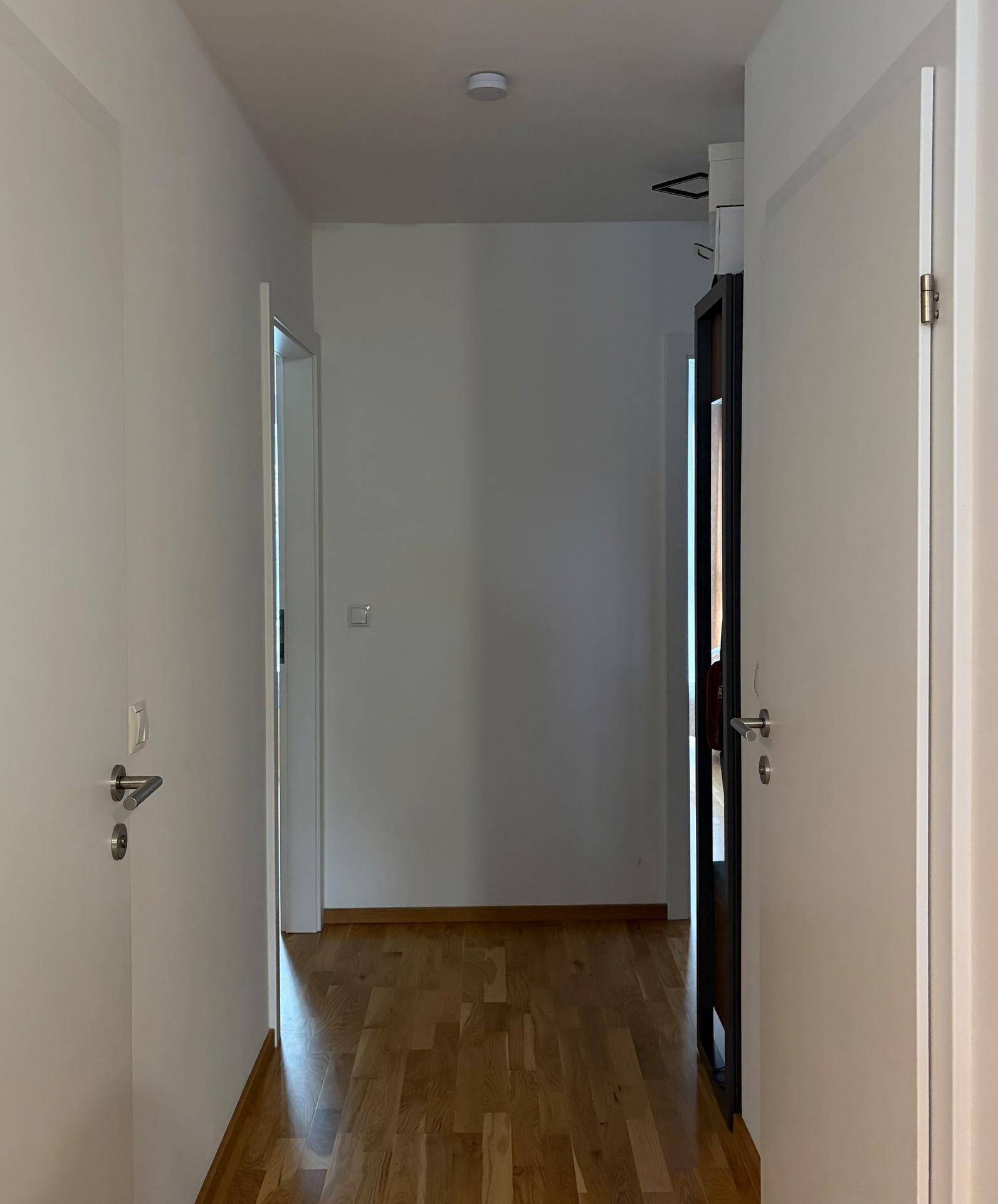 Heller Flur mit Holzboden und mehreren Türen, der verschiedene Räume miteinander verbindet.