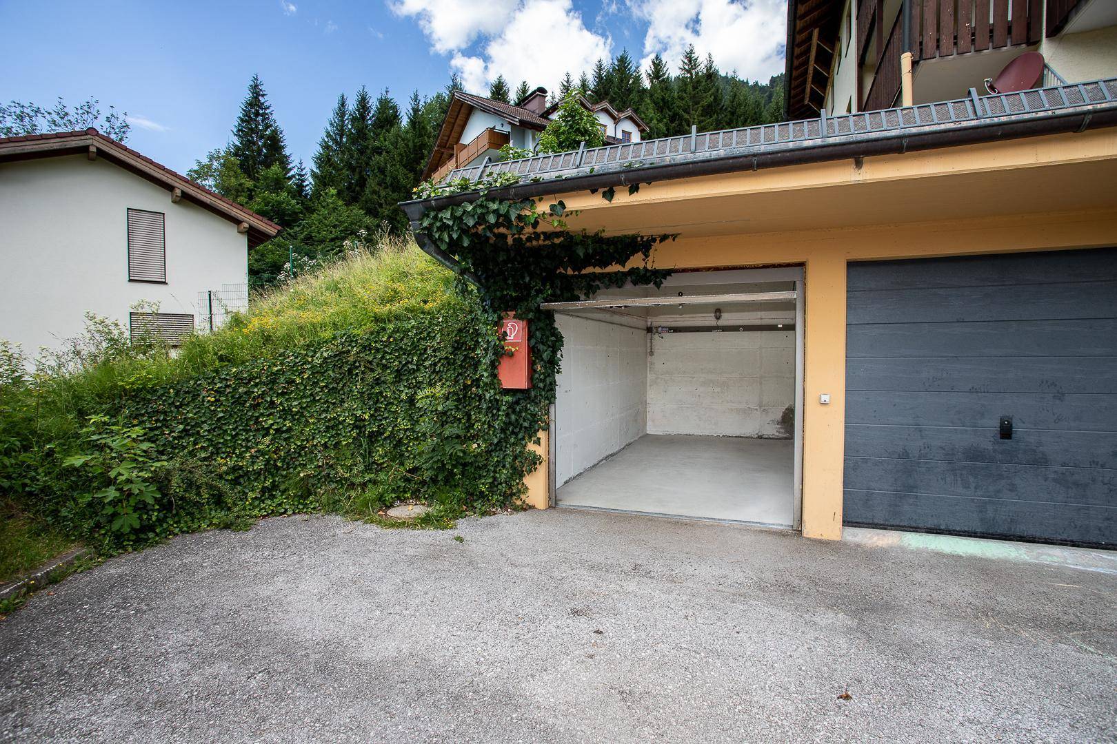 Einzelgarage mit offenem Tor und üppiger Begrünung an der Hauswand.