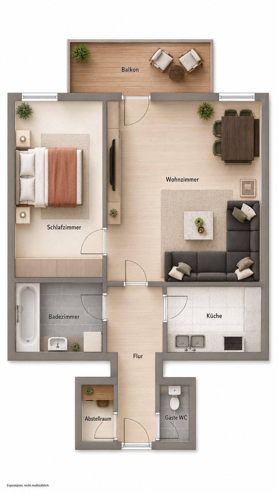 Detaillierter Grundriss einer Wohnung mit Schlafzimmer, Wohnzimmer, Küche und Balkon.