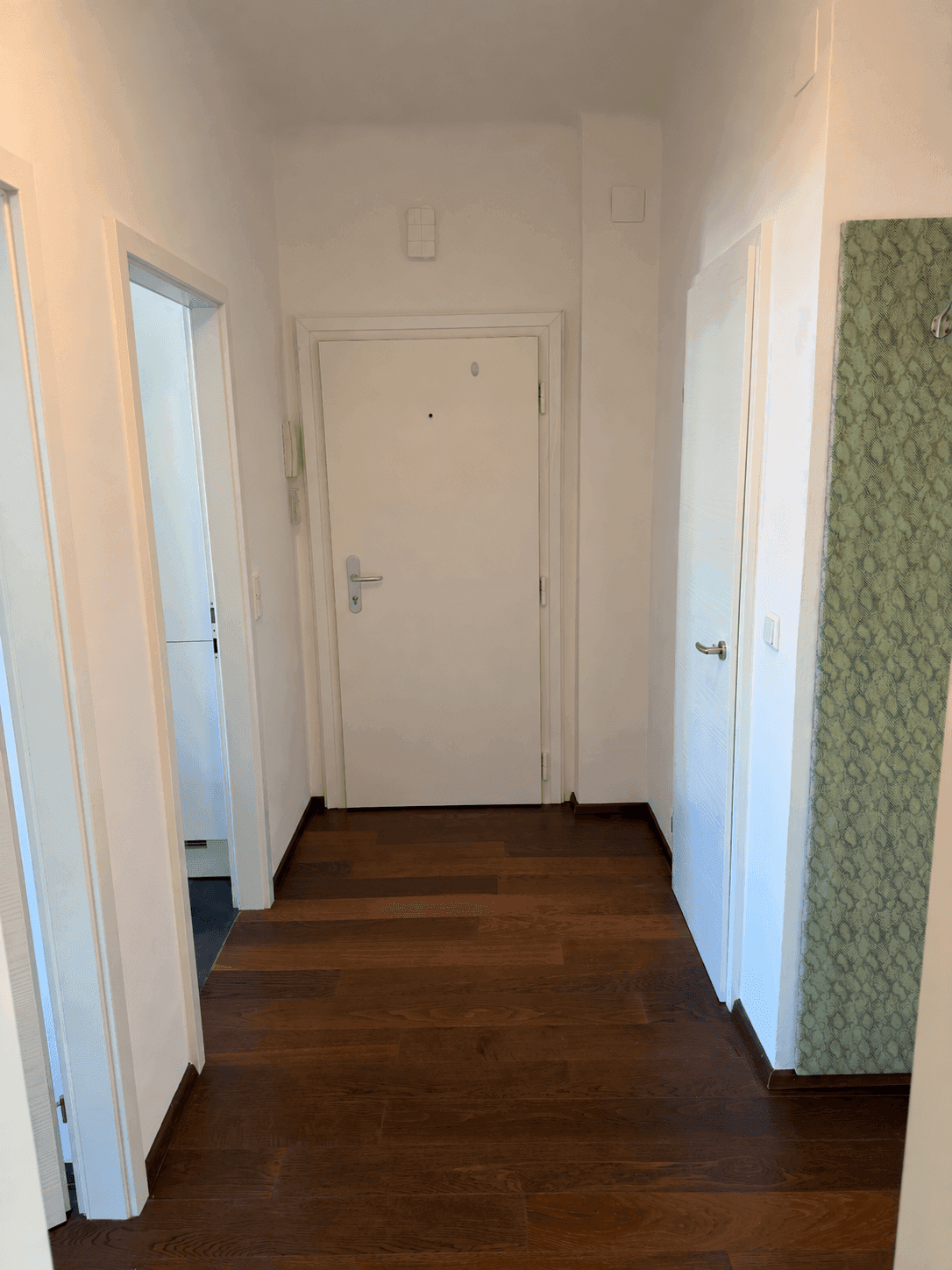 Heller Flur mit dunklem Parkettboden und mehreren Türen zu angrenzenden Räumen.