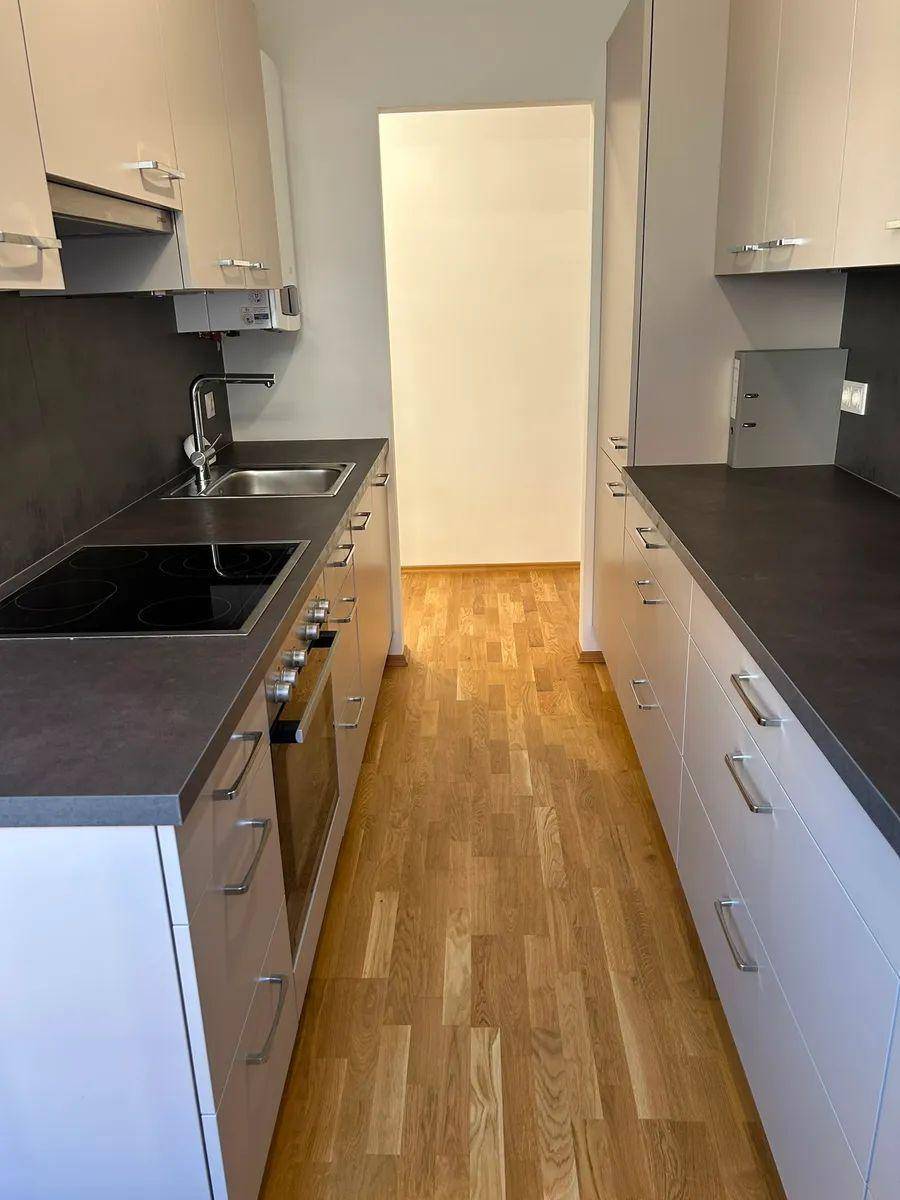 Moderne Einbauküche mit hellen Schränken, dunkler Arbeitsplatte und integrierten Geräten.