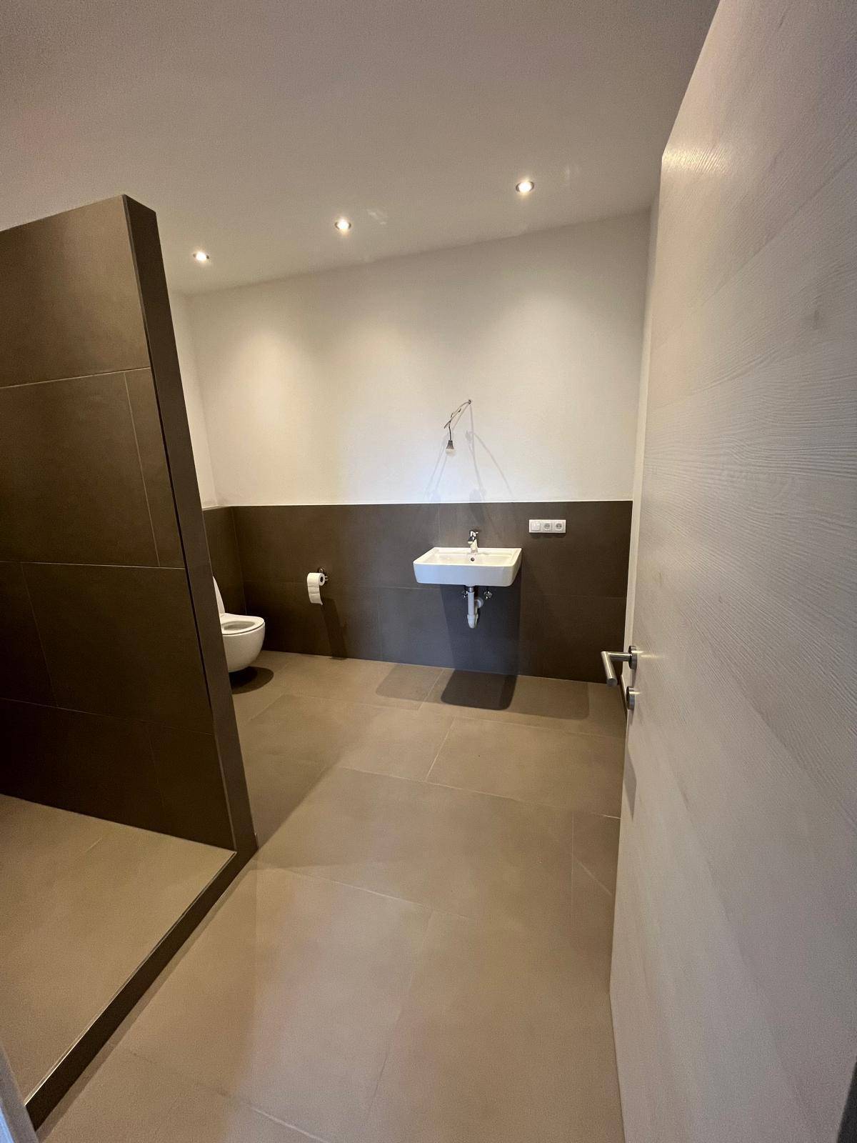 Modernes Badezimmer mit Dusche, Wand-WC und Waschbecken, ausgestattet mit braunen und beigen Fliesen.