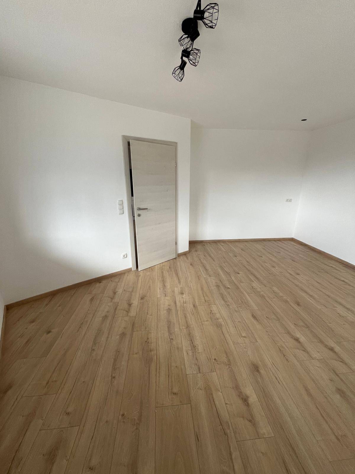 Heller, leerer Raum mit Laminatboden und einer modernen Tür, bereit zur individuellen Gestaltung.