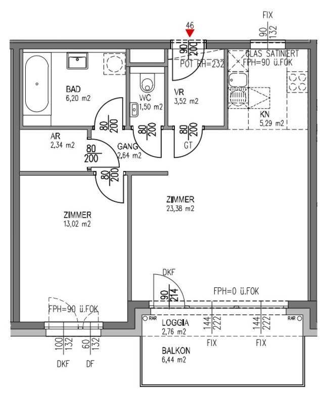 Grundriss einer Wohnung mit Bad, WC, zwei Zimmern, Küche, Loggia und Balkon.