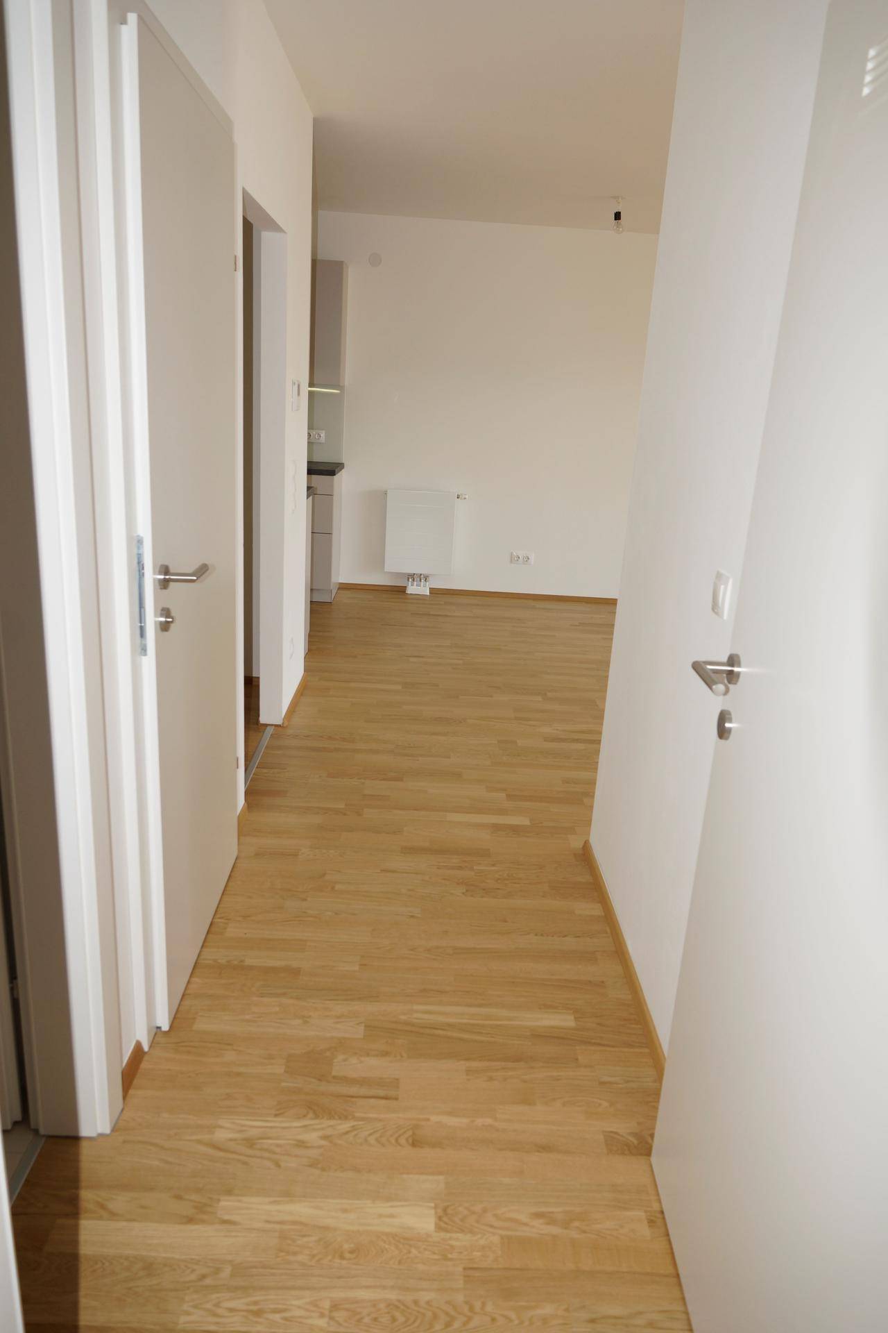 Langer, heller Flur mit Holzboden, der in einen offenen Wohnbereich übergeht.