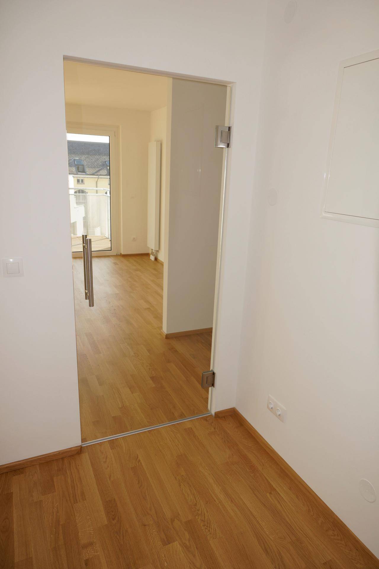 Moderne Glastür in einem hellen Flur mit Holzboden, die den Übergang zu einem weiteren Raum markiert.