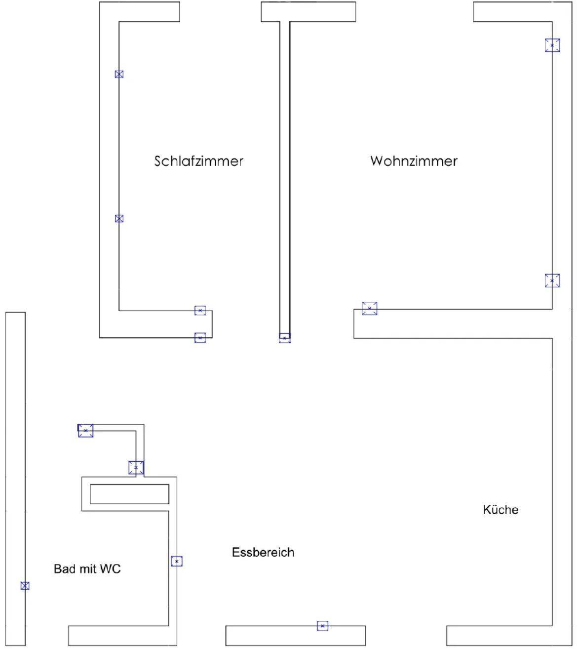 Grundrissplan einer Wohnung mit Schlafzimmer, Wohnzimmer, Essbereich, Küche und Bad mit WC.