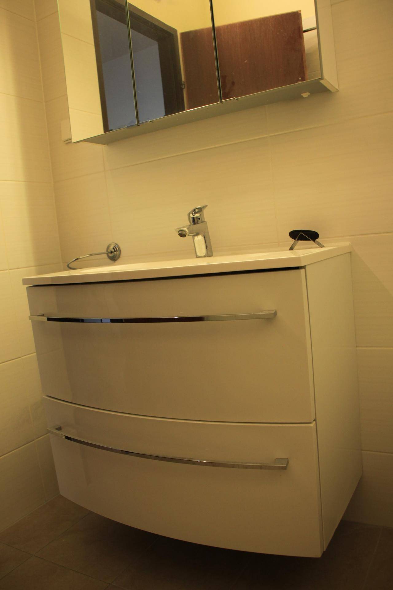 Modernes Badezimmer mit Waschtischunterschrank, Einzelwaschbecken und Spiegelschrank.
