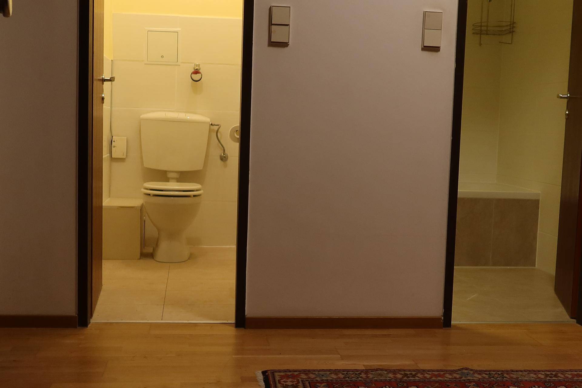 Blick vom Flur in das separate WC und das Badezimmer mit Holzboden.