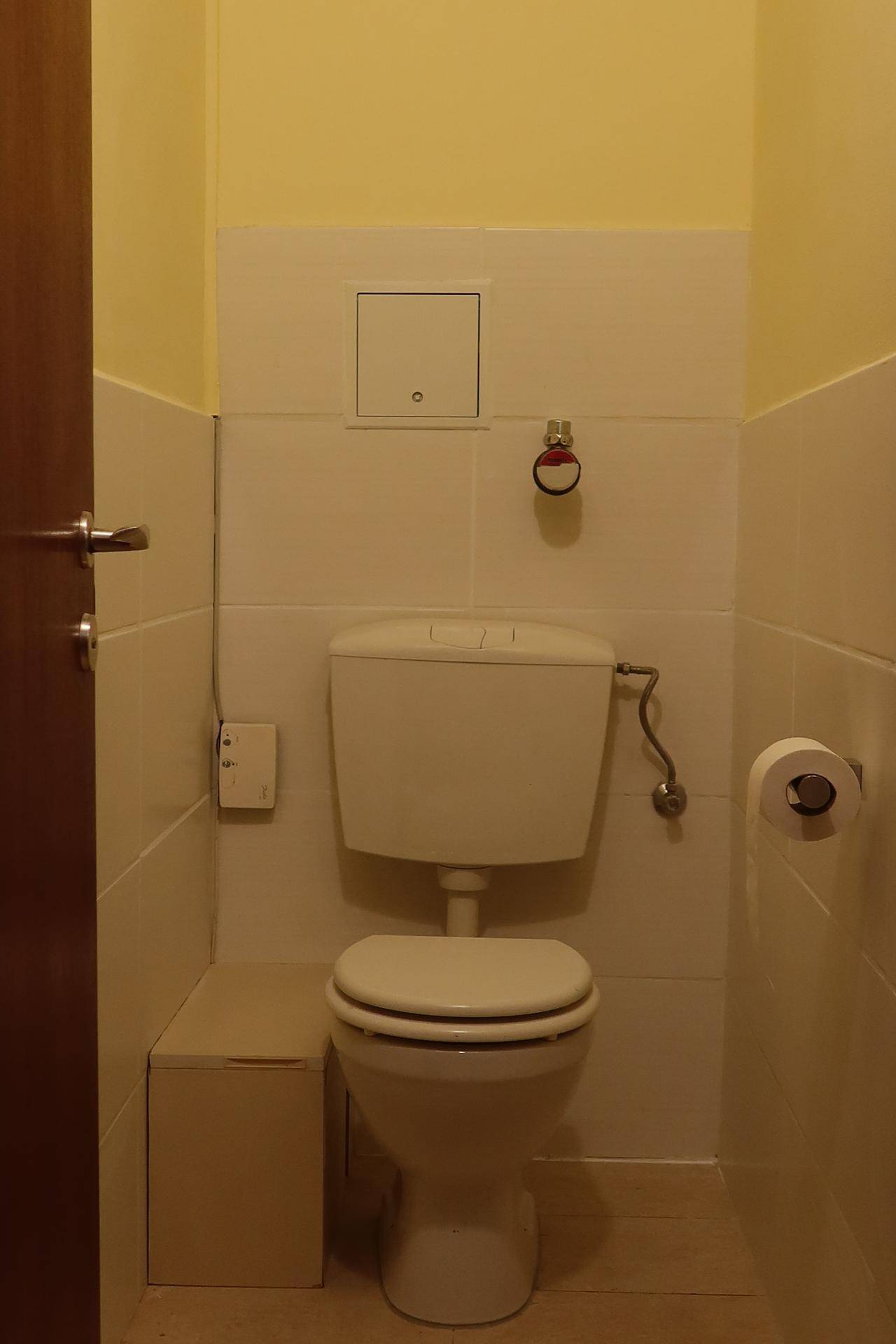 Separates WC mit Fliesen an den Wänden und einem Standard-Toilettenbecken.