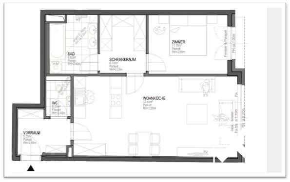 Grundriss einer Wohnung mit offenem Wohn- und Küchenbereich, separatem Schlafzimmer, Bad und begehbarem Kleiderschrank.