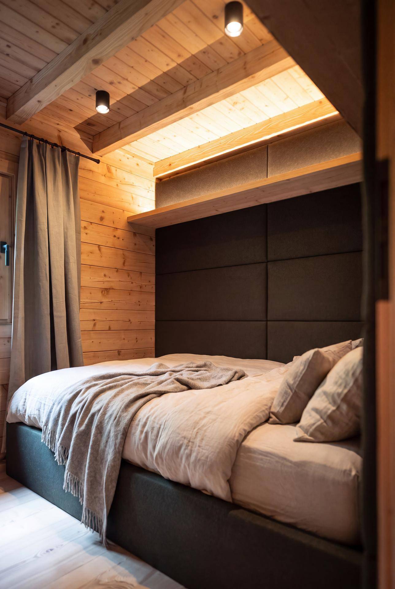 Gemütliches Schlafzimmer mit Holzwänden, Holzbalkendecke und einem gepolsterten Bett.