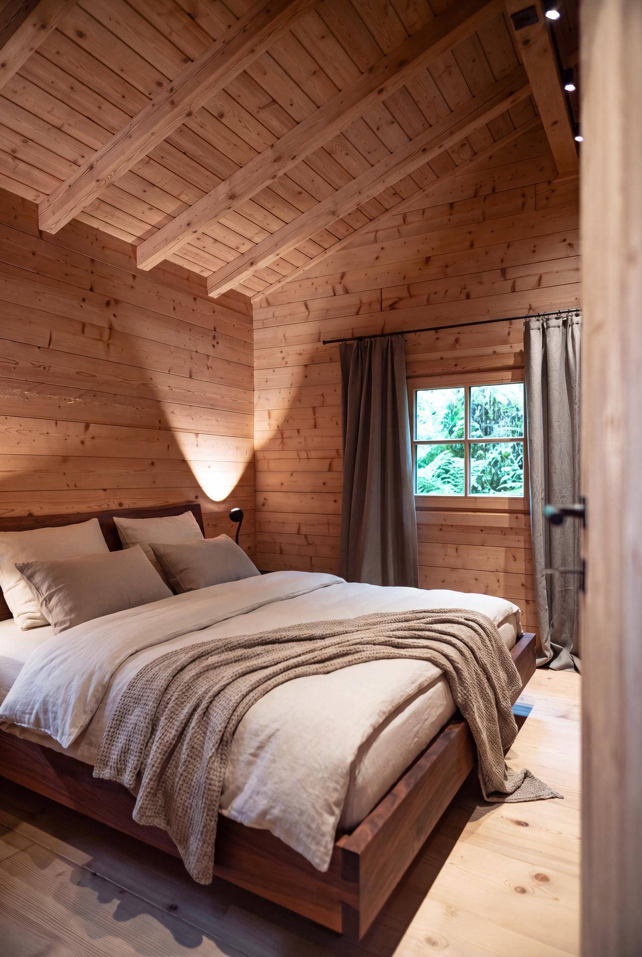 Helles Schlafzimmer mit Holzwänden, Holzbalkendecke und einem bequemen Doppelbett.