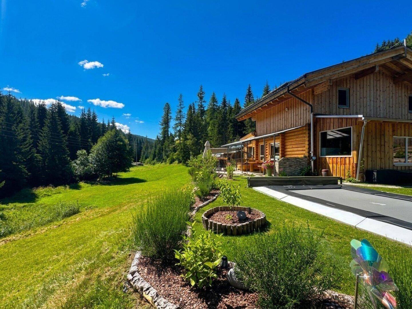 Langer Gartenstreifen mit jungen Pflanzen, Rasenfläche und Blick auf das Holzhaus und den Wald.