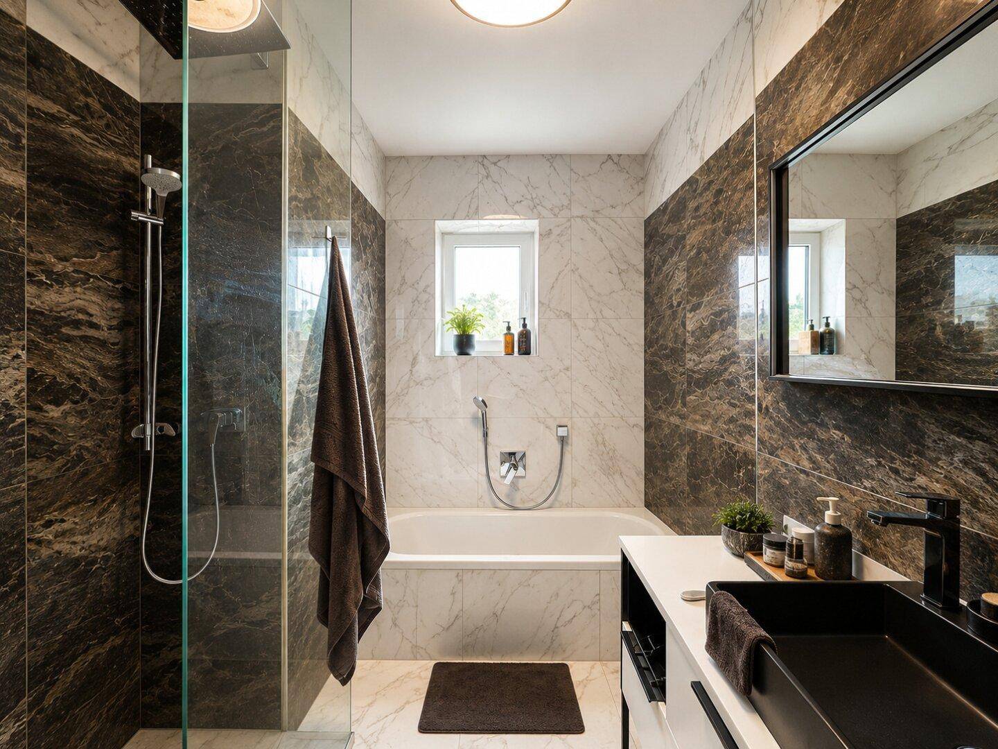 Elegantes Badezimmer mit dunklen und hellen Marmorfliesen, Badewanne und begehbarer Dusche.