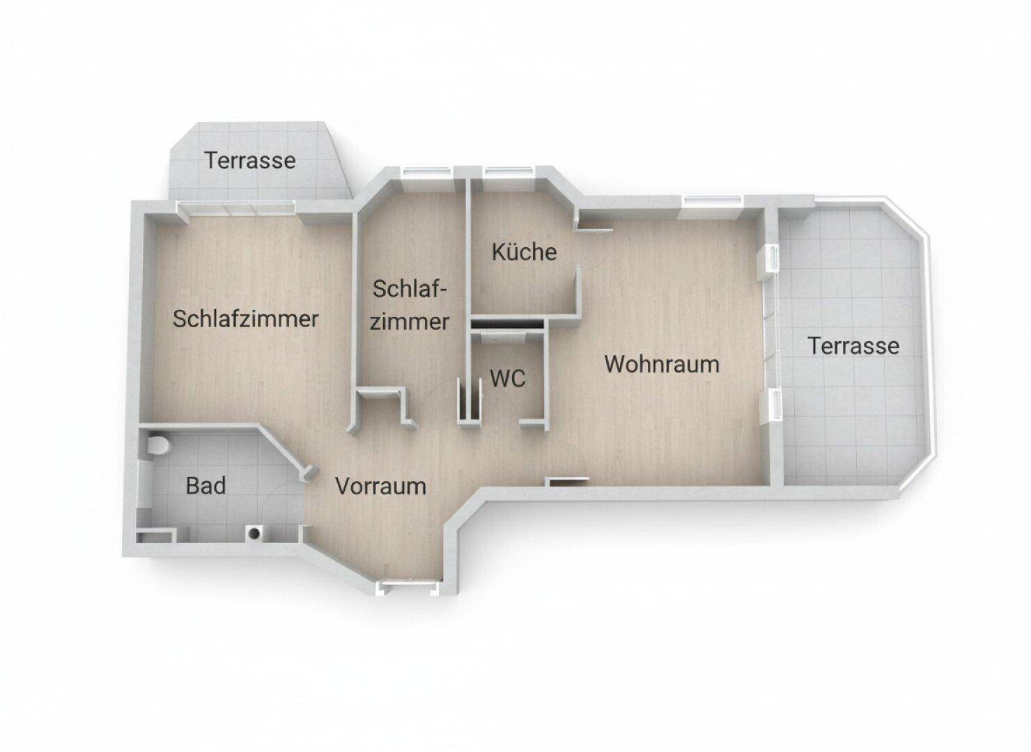 Grundriss der Wohnung mit zwei Schlafzimmern, Wohnraum, Küche und zwei Terrassen.