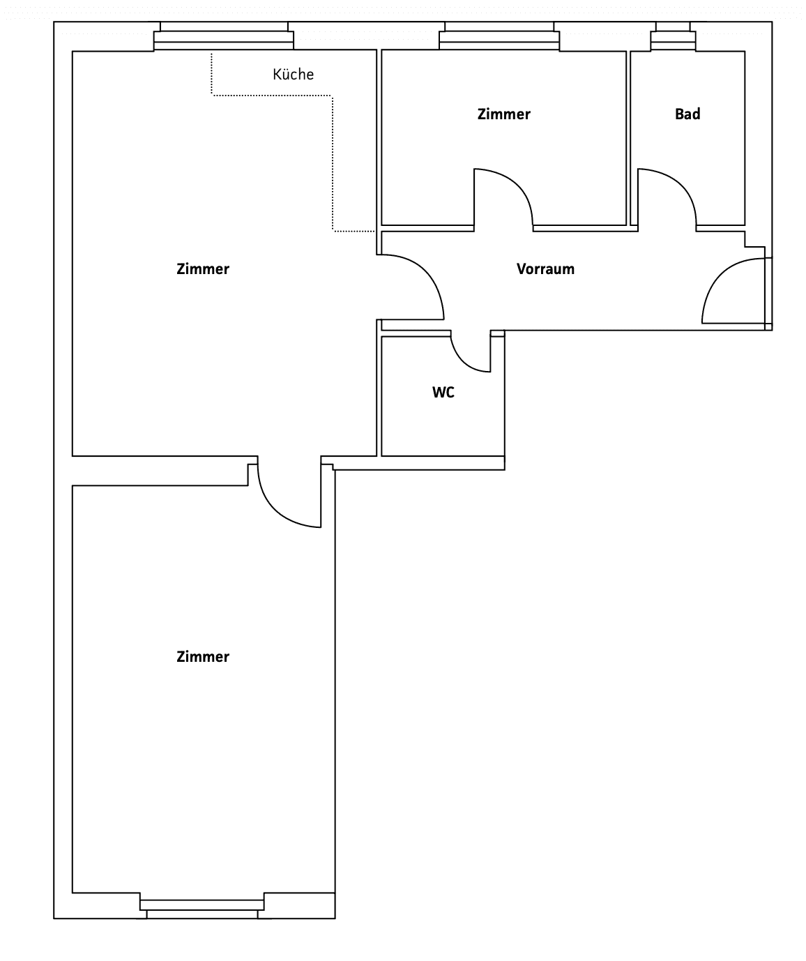 Grundrissplan einer Wohnung mit offener Küche, Bad, separatem WC und Balkonzugang.