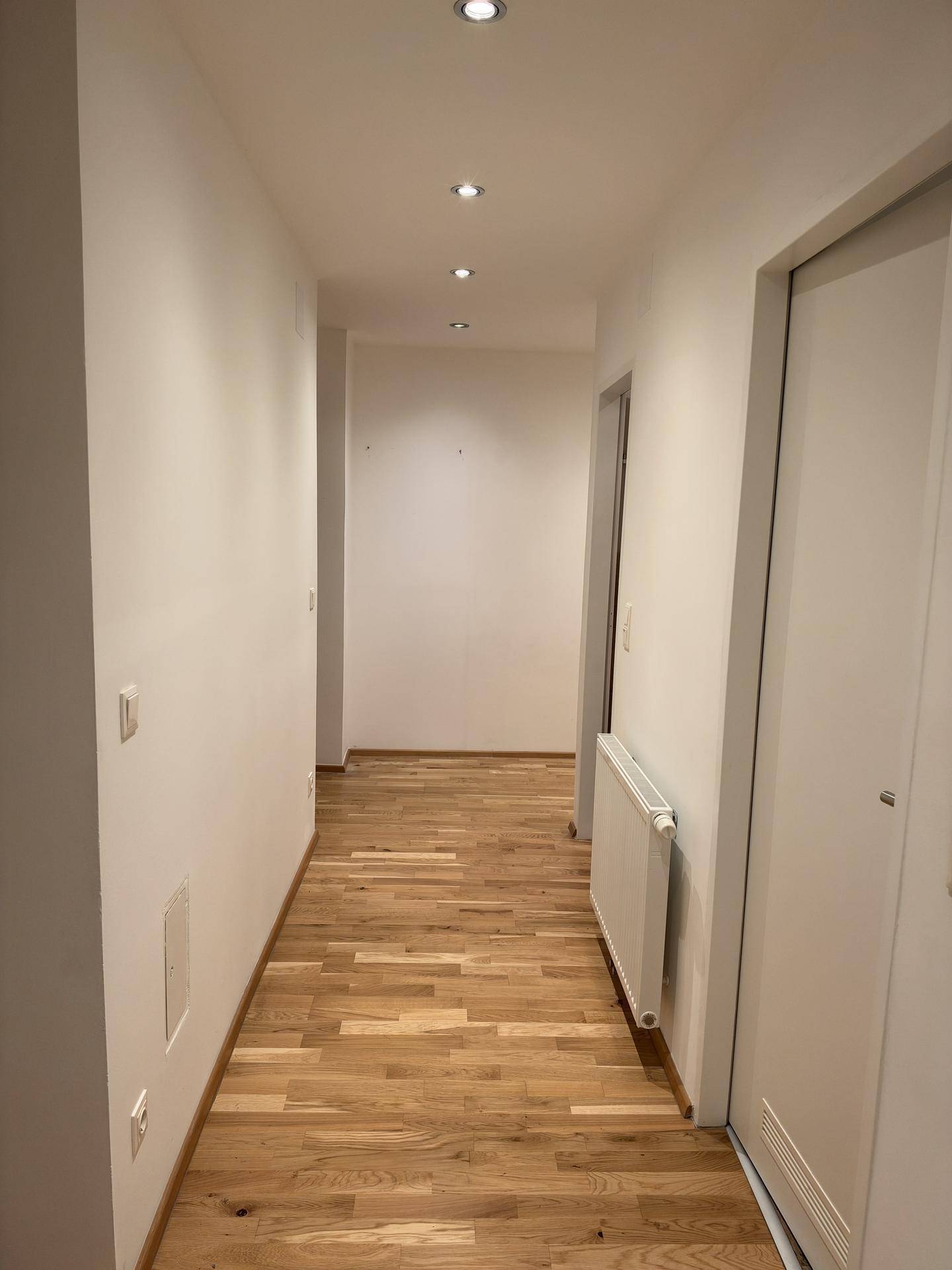 Langer, heller Flur mit Holzparkettboden und Einbaustrahlern, der durch die Wohnung führt.