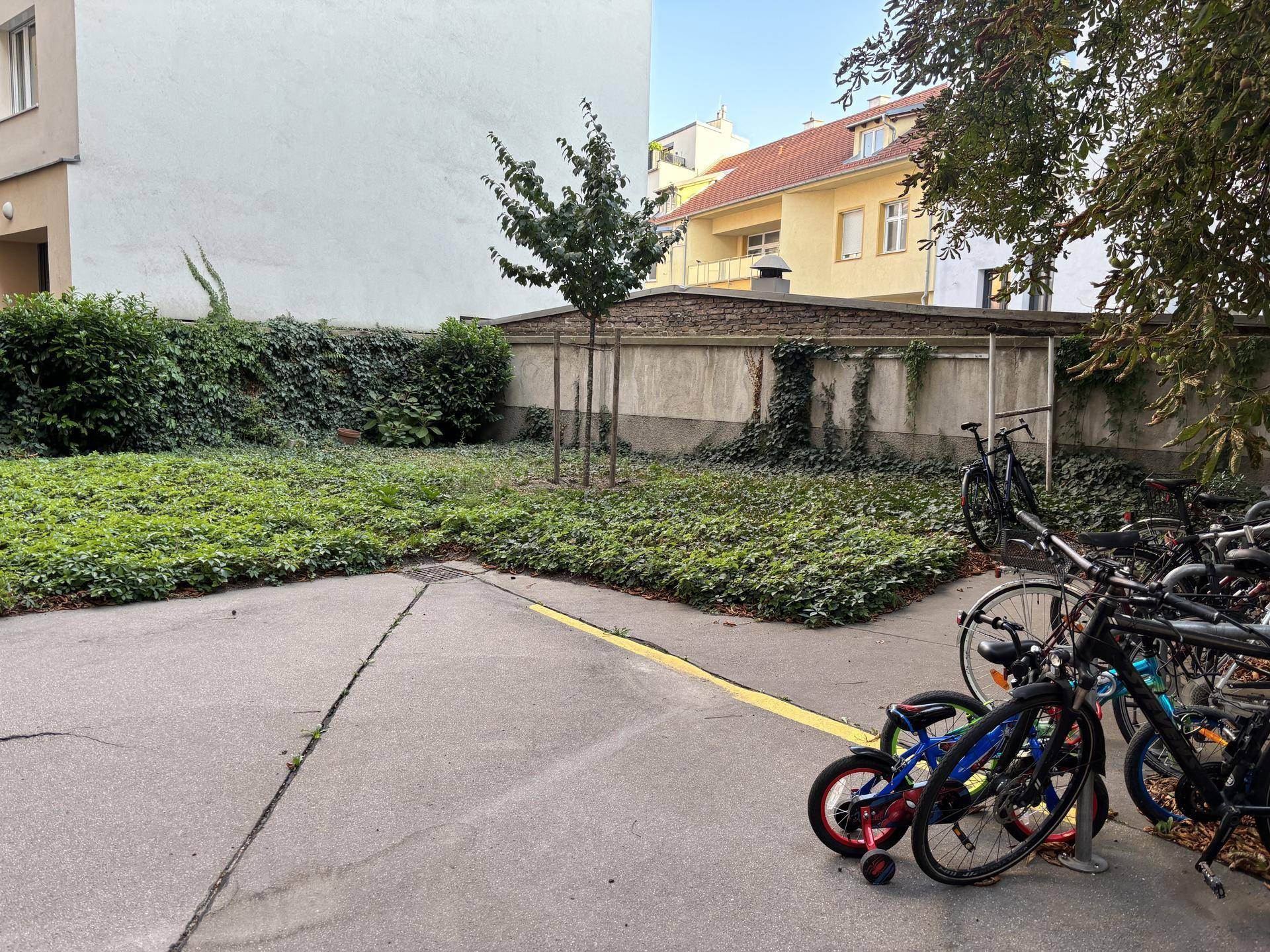 Grüne Außenanlage mit Bäumen, Sträuchern und Fahrradabstellplätzen in der Wohnanlage.