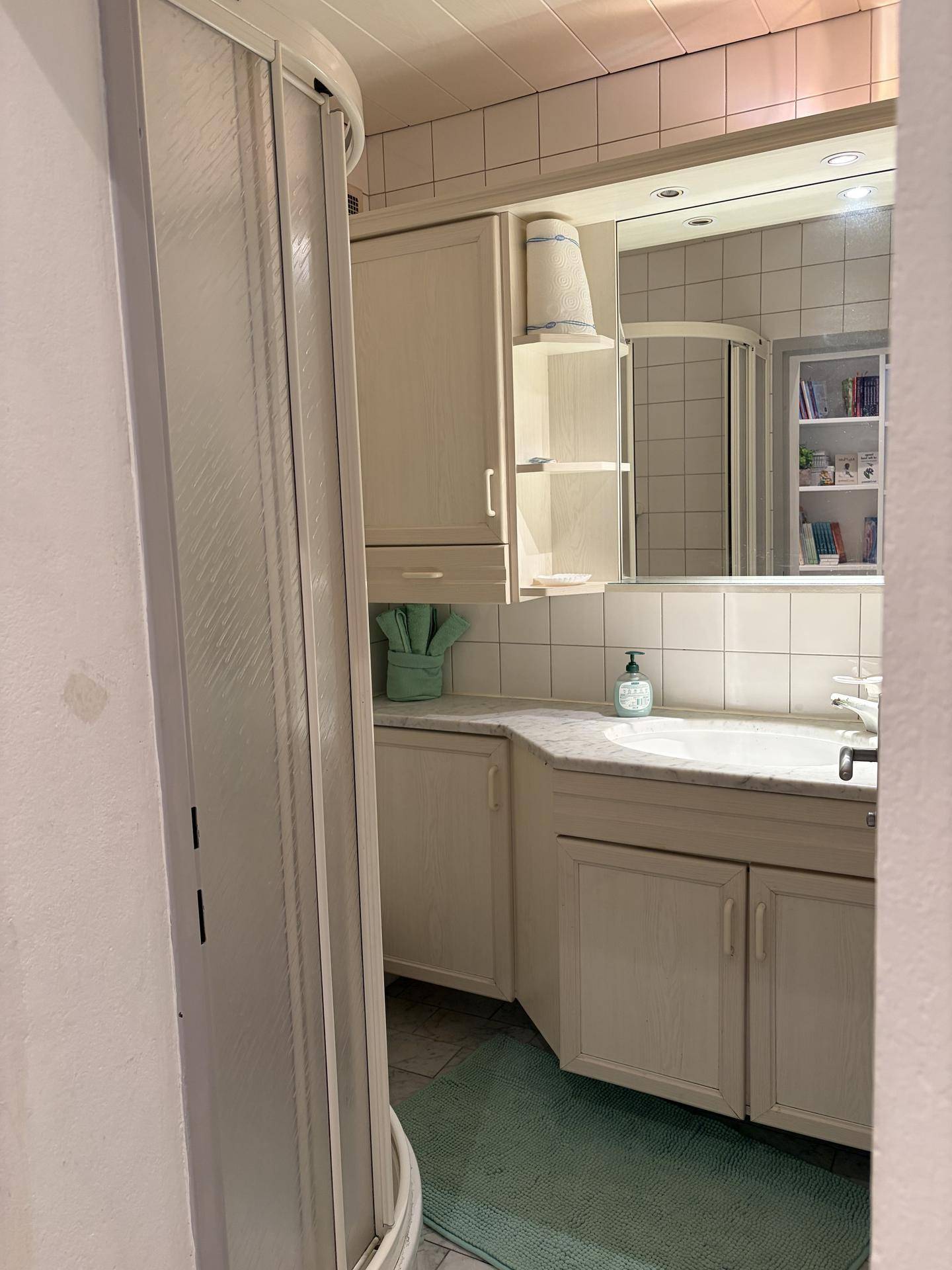 Helles Badezimmer mit Dusche, Waschtisch und Spiegelschrank in hellem Design.