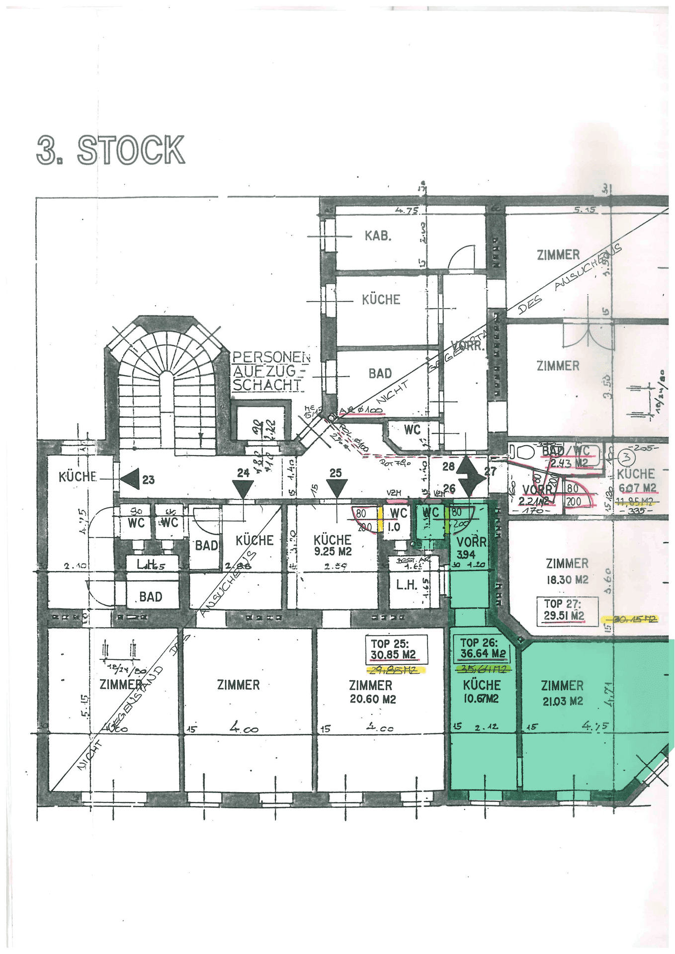 Grundriss des 3. Stocks mit mehreren Wohnungen und Zimmeraufteilung.