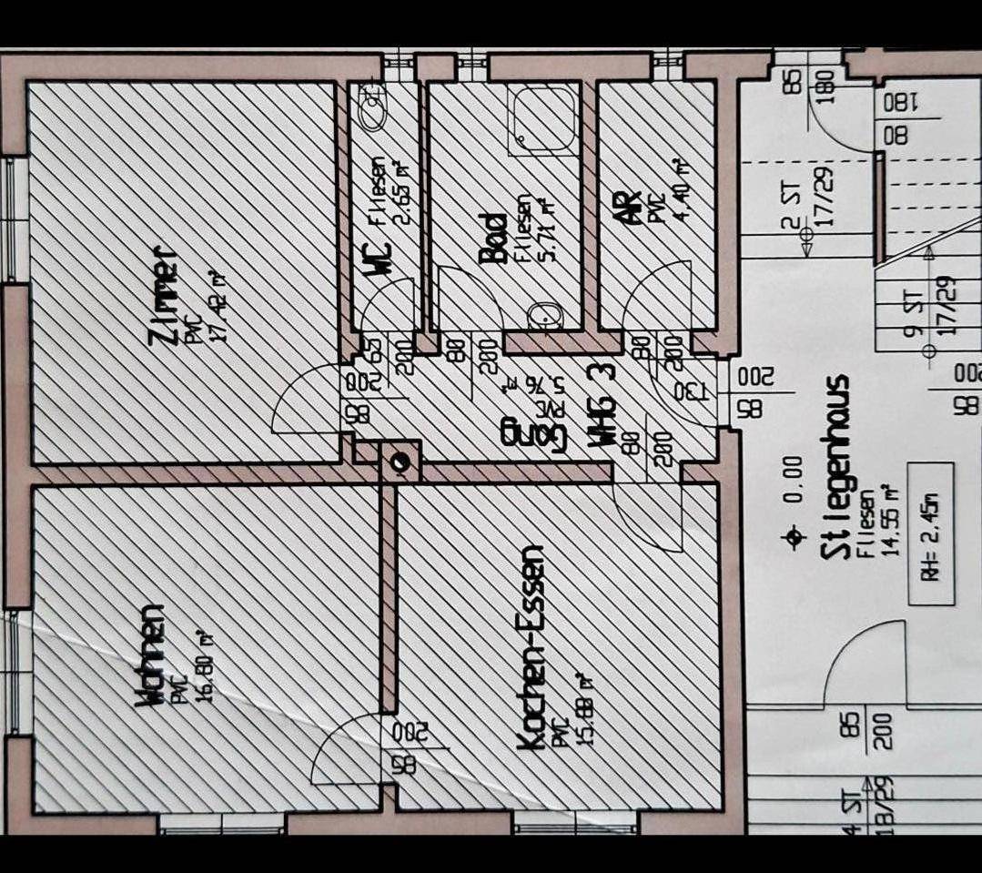 Detaillierter Grundriss einer Wohnung mit separaten Wohn-, Schlaf- und Essbereichen sowie Bad und WC.